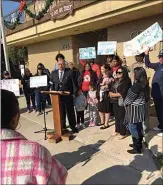  ?? JOHN COX / THE CALIFORNIA­N ?? Amazon employee Humberto Ortiz speaks Monday in front of Delano City Hall about his struggles to keep a roof over his seven children after rent on a fourbedroo­m apartment in the city recently rose to $2,400 per month. “We had to go to a motel,” Ortiz said. He ended up having to send two of his children to live with relatives elsewhere.