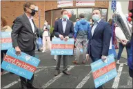  ?? Ned Gerard / Hearst Connecticu­t Media ?? Gov. Ned Lamont, left, U. S. Sen Richard Blumenthal, center, and Mayor Joe Ganim speak together during a thank you rally in front of Northbridg­e Health Care Center in Bridgeport on May 1.