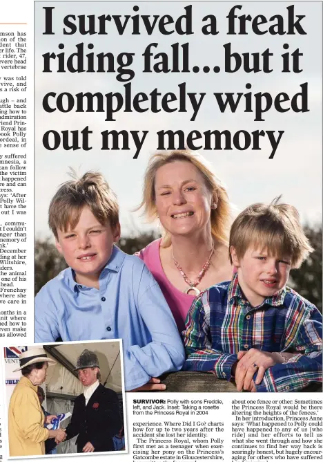  ??  ?? suRvivoR: Polly with sons Freddie, left, and Jack. Inset: Taking a rosette from the Princess Royal in 2004