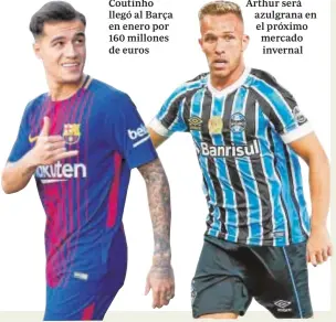  ??  ?? Coutinho llegó al Barça en enero por 160 millones de euros Arthur será azulgrana en el próximo mercado invernal