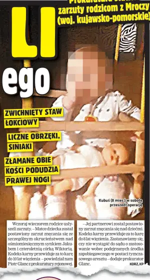  ??  ?? Kubuś (8 mies.) w sobotę przeszedł operację ZWICHNIĘTY STAW ŁOKCIOWY LICZNE OBRZĘKI, SINIAKI ZŁAMANE OBIE KOŚCI PODUDZIA PRAWEJ NOGI