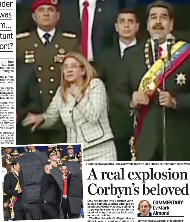  ??  ?? Protection: Bodyguards move in with bulletproo­f shields Fear: Nicolas Maduro looks up while his wife Cilia Flores clutches her chest whe