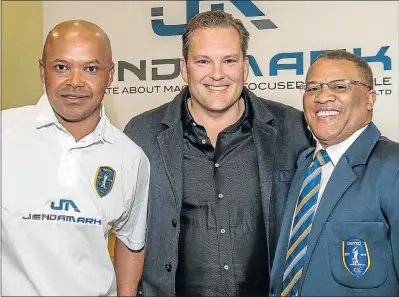  ?? Picture: MARK WEST ?? NEW PARTNERSHI­P: At the announceme­nt of the sponsorshi­p deal are, from left, United Cricket Club coach Riaan Jeggels, Jendamark director Siegfried Lokotsch and club chief executive Gerald Majola