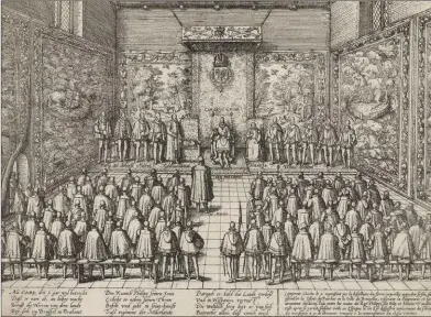  ??  ?? CARLOS V ABDICA EL DUCADO DE BORGOÑA EL 25 DE OCTUBRE DE 1555. EN LA SALA DEL TRONO, FELIPE SE ARRODILLA ANTE SU PADRE. A NUESTRA IZQUIERDA, EL CARDENAL GRANVELA, A LA DERECHA MARÍA DE AUSTRIA Y EN EL ESTRADO LOS PROHOMBRES DEL TOISÓN DE ORO. DE FRENTE AL EMPERADOR, EL PLENO DE LOS ESTADOS GENERALES DE PIE EN BANCOS DE MADERA CON COJINES. GRABADO DE FRANS HOGENBERG, 1568-1572.