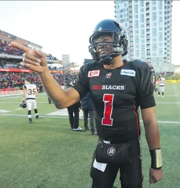  ?? JEAN LEVAC/OTTAWA CITIZEN ?? Henry Burris of the Ottawa Redblacks celebrates his team’s victory over the Hamilton Tiger-Cats in Sunday’s CFL East Division final. The Redblacks take on the Eskimos for the Grey Cup Sunday.