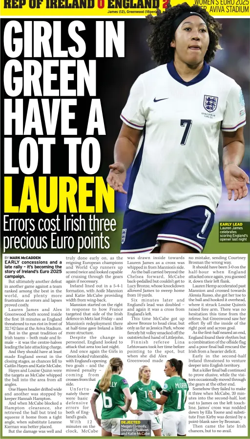  ?? ?? DEJECTED Megan Connolly, Denise O’sullivan and Katie Mccabe
WOMEN’S EURO 2025 QUALIFIER, AVIVA STADIUM
EARLY LEAD Lauren James celebrates scoring England’s opener last night