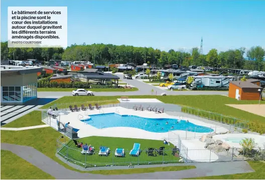  ?? PHOTO COURTOISIE ?? Le bâtiment de services et la piscine sont le coeur des installati­ons autour duquel gravitent les différents terrains aménagés disponible­s.