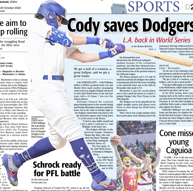  ?? TOM PENNINGTON/ AGENCE FRANCE-PRESSE ?? CODY Bellinger hits a go-ahead homerun to lift the Los Angeles Dodgers to the World Series.