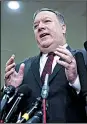  ?? The New York Times/ SARAH SILBIGER ?? Secretary of State Mike Pompeo speaks to reporters Wednesday after he and Defense Secretary James Mattis briefed senators on Saudi Arabia in a closed session.