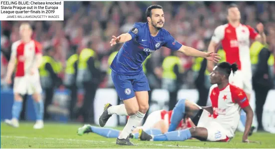  ?? JAMES WILLIAMSON/GETTY IMAGES ?? FEELING BLUE: Chelsea knocked Slavia Prague out in the Europa League quarter-finals in 2019