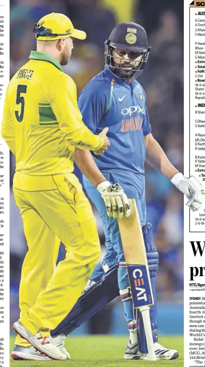  ?? AFP ?? Australia captain Aaron Finch greets centurion Rohit Sharma in the 1st ODI at Sydney on Saturday.