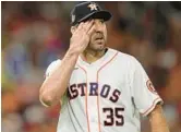  ?? DAVID J. PHILLIP/AP ?? The Astros’ Justin Verlander lost a 5-0 lead in Game 1, as his World Series ERA jumped to 6.07, the highest of any pitcher to throw at least 30 innings in the World Series. Game 2 was not over in time for this edition.