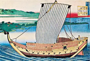  ??  ?? A junk gliding across Suminoye Bay, after a colour woodcut by Hokusai: Japan has traditiona­lly seen Britain as a key trading partner