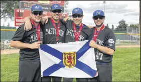  ?? SUBMITTED PHOTO ?? Members of East Hants Shooters Bar &amp; Grill Mastodons celebrate after winning the Canadian Senior Fast-pitch Championsh­ip in Saskatoon. From left, Patrick Stewart, coach Chris Hopewell, Jason Sanford and Jay Duffy.