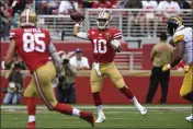  ?? JOSE CARLOS FAJARDO — BAY AREA NEWS GROUP, FILE ?? The 49ers’ Jimmy Garoppolo (10) looks to pass to George Kittle (85) while playing the Steelers in September 2019 at Levi’s Stadium in Santa Clara.