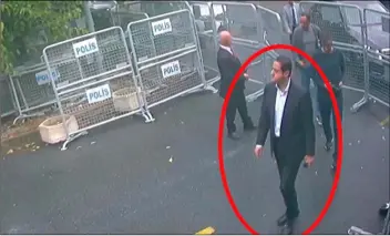  ?? SAbAh VIA AP ?? In a frame from surveillan­ce camera footage taken Oct. 2 and published on Thursday by the pro-government Turkish newspaper Sabah, a man identified by Turkish officials as Maher Abdulaziz Mutreb, walks toward the Saudi Consulate in Istanbul before writer Jamal Khashoggi disappeare­d.