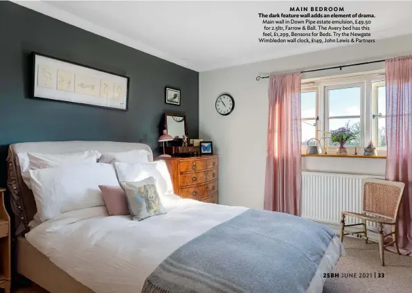  ??  ?? MAIN BEDROOM
The dark feature wall adds an element of drama. Main wall in Down Pipe estate emulsion, £49.50 for 2.5ltr, Farrow & Ball. The Avery bed has this feel, £1,299, Bensons for Beds. Try the Newgate Wimbledon wall clock, £149, John Lewis & Partners