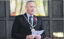  ?? PHOTO: KAYLA HODGE ?? Solemn address . . . Waitaki Mayor Gary Kircher makes his address at the Oamaru Armistice Day service.