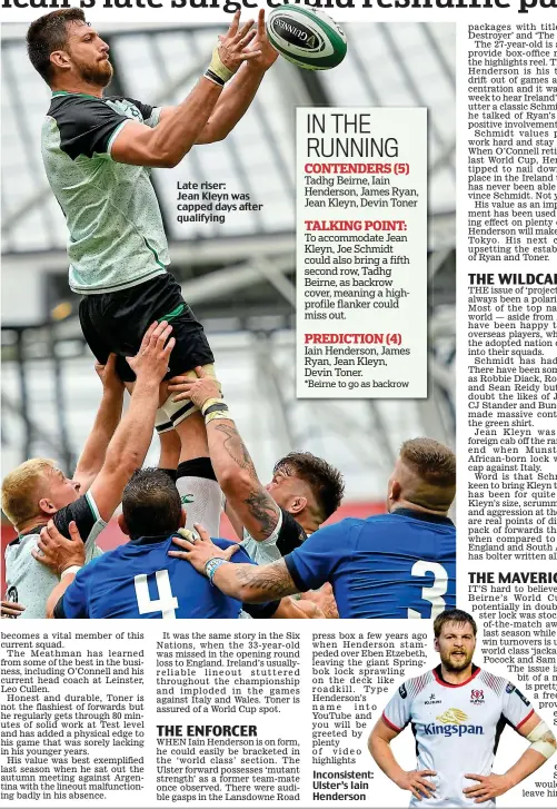  ??  ?? Late riser: Jean Kleyn was capped days after qualifying Inconsiste­nt: Ulster’s Iain Henderson