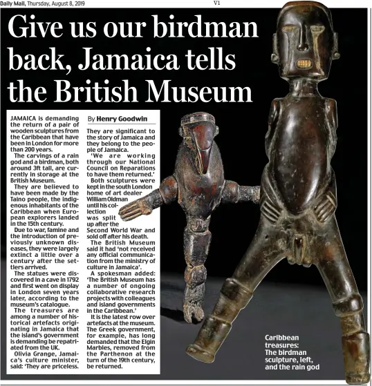  ??  ?? Caribbean treasures: The birdman sculpture, left, and the rain god
