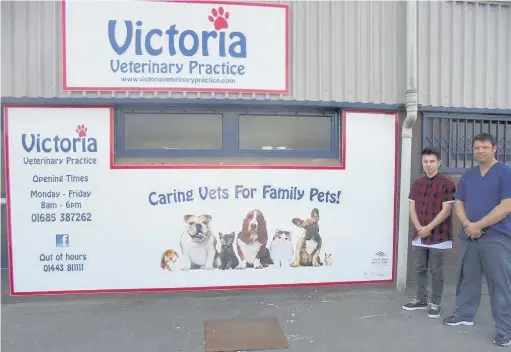  ??  ?? Ethan Miller, a graphic design student from Merthyr College, has produced the striking sign on the Victoria Veterinary Practice building in Aberdare