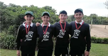  ?? Picture: SUPPLIED ?? GOLD MEDAL WINNERS: Marlow High tennis players, from left, Dawid de Klerk, Le Roux Botha, Ruan van der Merwe and Janro Gerber proudly show off their gold medals after winning the inaugural U15 Port Alfred Tennis Tournament at Southwell Country Club on Saturday September 2.