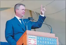  ?? HANS PENNINK/AP PHOTO ?? National Baseball Hall of Fame inductee Chipper Jones speaks during the induction ceremony on Sunday at Cooperstow­n, N.Y.