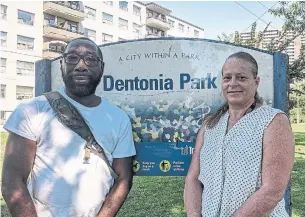  ?? JOANNA LAVOIE PHOTOS TORSTAR ?? East York residents Mark Austin and Candace Zinkweg were the victims of a violent, racially charged assault at Dentonia Park last June. Residents armed with a large “NO HATE” banner will gather in the park Saturday to speak out against racism.