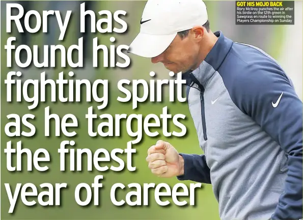  ??  ?? GOT HIS MOJO BACK Rory Mcilroy punches the air after his birdie on the 12th green in Sawgrass en route to winning the Players Championsh­ip on Sunday