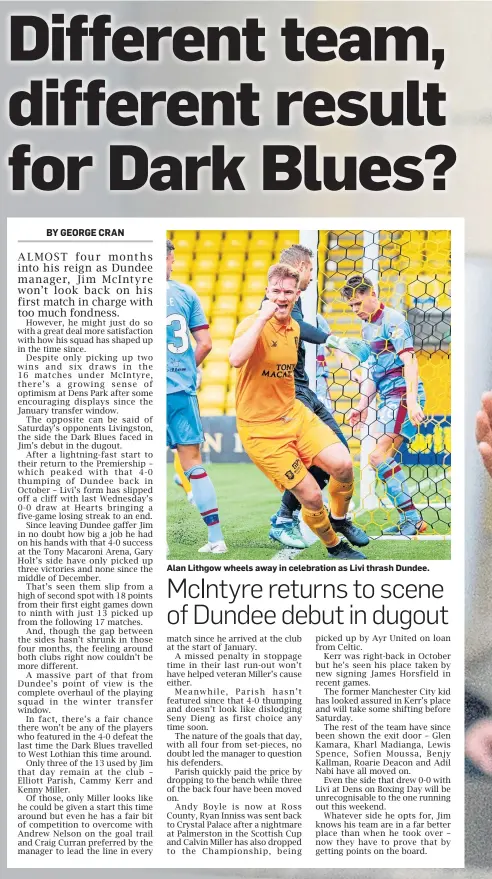  ??  ?? Alan Lithgow wheels away in celebratio­n as Livi thrash Dundee.