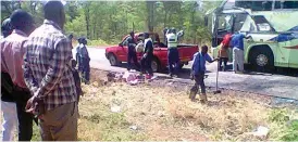  ??  ?? Police officers clear the crash site on the Bulawayo-Victoria Falls Road yesterday