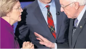  ??  ?? YOU CALLED ME A LAIR: Democratic 2020 US presidenti­al candidates Senator Elizabeth Warren speaks to Senator Bernie Sanders after the Democratic 2020 presidenti­al debate in Des Moines, Iowa.