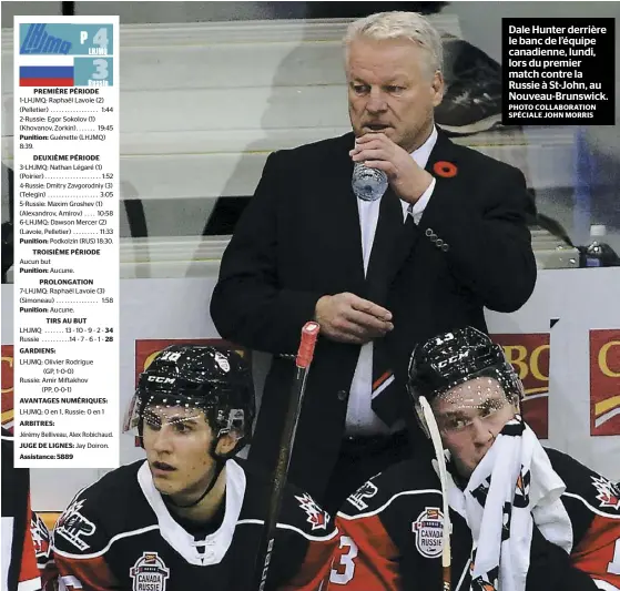  ?? PHOTO COLLABORAT­ION SPÉCIALE JOHN MORRIS ?? Dale Hunter derrière le banc de l’équipe canadienne, lundi, lors du premier match contre la Russie à St-John, au Nouveau-Brunswick.