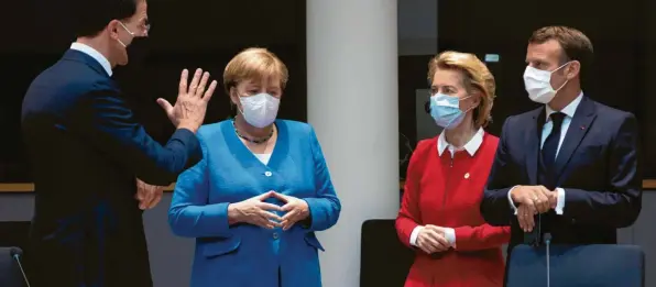  ?? Foto:Francisco Seco. dpa ?? Ausgebrems­t: Kanzlerin Angela Merkel, EU-Kommission­schefin Ursula von der Leyen. Frankreich­s Präsident Emmanuel Macron und der niederländ­ischen Premier Mark Rutte (links).