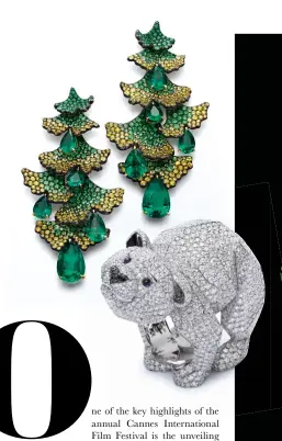  ??  ?? From top left: RED CARPET COLLECTION 2020 GINGKO EARRINGS Set in 18k Fairmined rose gold and titanium with 33.3 carats of pear-shaped emeralds, brilliant-cut yellow sapphires weighing 16.5 carats and tsavorites totalling 14.9 carats POLAR BEAR RING Set in 18k Fairmined white gold with brilliant-cut diamonds totalling 12.5 carats, cabochon sapphires and black diamonds