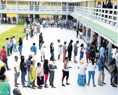 ?? AP ?? People line up to vote during presidenti­al elections in Georgetown, Guyana, on March 2.
