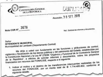  ??  ?? El pedido de informe remitido por la Contralorí­a General a la Municipali­dad de Lambaré.