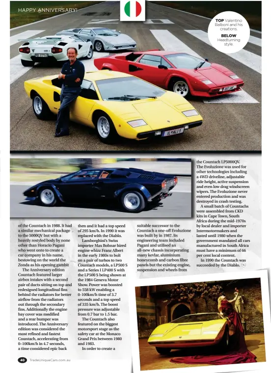  ??  ?? TOP Valentino Balboni and his creations.
BELOW Headturnin­g style.