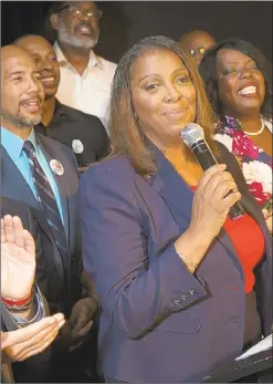  ?? AP ?? Letitia James revels in primary victory for attorney general. Below, possible contenders for her city advocate post (if she wins general election) are clockwise from top left, Jumaane Williams, Melissa Mark-Viverito, Robert Cornegy and Christine Quinn.