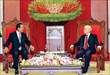  ??  ?? Prime Minister Hun Sen (left) and Vietnamese president Nguyen Phu Trong have pledged to lift up bilateral trade to $7 billion this year.