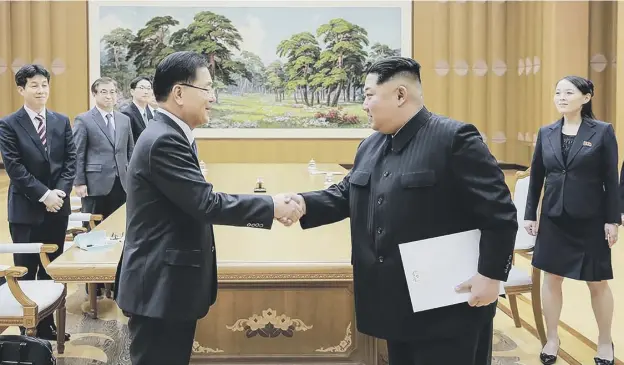  ?? PICTURE: GETTY IMAGES ?? 0 North Korean leader Kim Jong-un, right, shakes hands with Chung Eui-yong, South Korea’s presidenti­al national security director