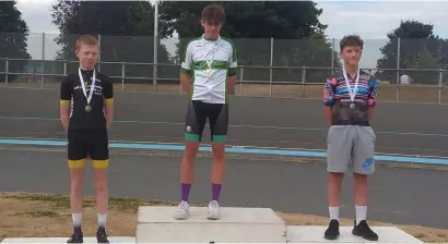 ??  ?? Matthew Devins, Yeats Country Cycling Club on top of the podium at the National Youth Championsh­ips in Crumlin.