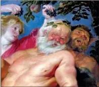  ??  ?? Does God love a drunk? The imbibing subject of Drunken Silenus Supported by the Satyrs, shown in a detail from the painting, may have hoped so. The work was painted circa 1620.