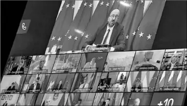  ??  ?? Beeld van het video-overleg tussen de EU-landen, met bovenin EU-president Michel. (Foto: NOS)