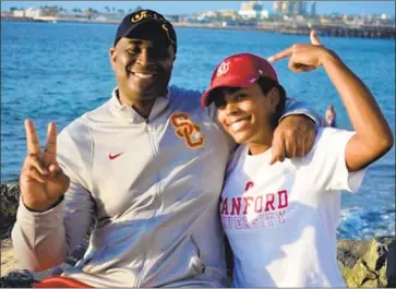  ?? Pam Miner ?? HAROLD MINER, a former USC basketball star and dunk champion, says of daughter Kami, a high school All-American volleyball player who will attend Stanford: “She has the same explosiven­ess that I had.”
