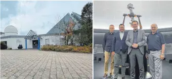  ?? FOTOS: WERZ/BÜRO GERSTER ?? Nicht von Kürzungen durch das Haushaltsu­rteil betroffen: Die Förderung in Höhe von 650.000 Euro für den Aufbau eines „Forum der Astronomie“am Planetariu­m Laupheim hat die wohl letzte Hürde genommen. Dies teilt der SPD-Abgeordnet­e Martin Gerster mit. Im Herbst hatte Gerster (zweiter von links) mit OB Ingo Bergmann die Volksstern­warte-Vorstände Rolf Stökler und Michael Roosz im Planetariu­m besucht.