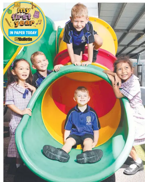  ?? ?? Broadbeach State School prep classes in the playground, from left, Florence, Beau J, Beau P, Leo (in pipe), and Kaiana. Picture: Glenn Hampson