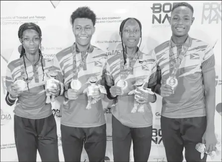  ?? ?? The quartet (from left) of Tianna Springer, Narissa McPherson, Malachi Austin, and Javon Roberts will lead team Guyana at the 2024 Carifta Games