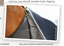  ?? COURTESY SMARTPAK ?? Use your hand to check fit around the neckline. Clip-in liners can offer added warmth without switching to a different blanket.