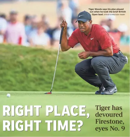  ?? STEVE FLYNN/USA TODAY ?? Tiger Woods says his plan played out when he took the brief British Open lead.